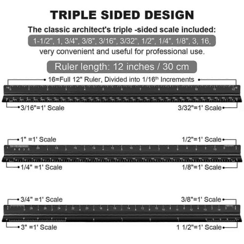Architectural Scale Ruler Set, 2 Pack 12 Inch Aluminum Architect Ruler with Standard Scales 1
