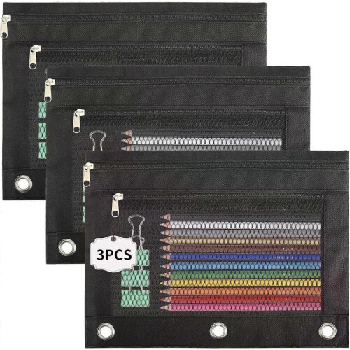 Pencil Pouch, 4 Pack Zippered for 3 Ring Binder - Organizer with T Closure