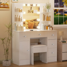 Dressing Desk Set 5 Drawers 10 LED Light Mirror and Stool Vanity Table