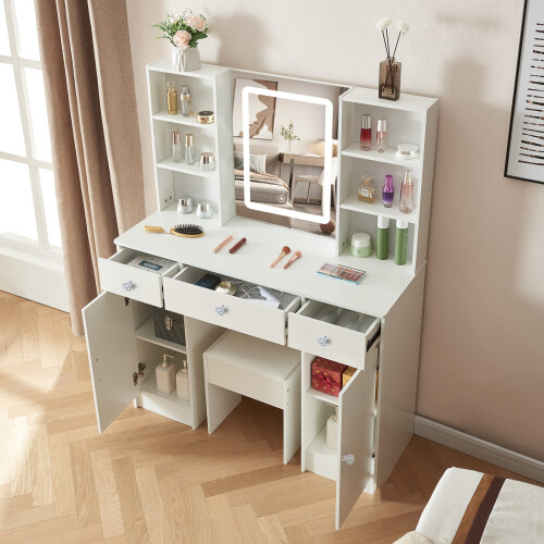 Dressing Table Vanity Makeup Desk With Smart LED Mirror Drawers Stool 1
