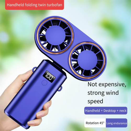 USB Rechargeable Dual- Fan 2400mAh Handheld Fan,Blue 2