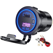 8X PD Type C USB Car Charger and QC 3.0 Quick 12V Power Outlet Socket with ON/Off Switch Blue