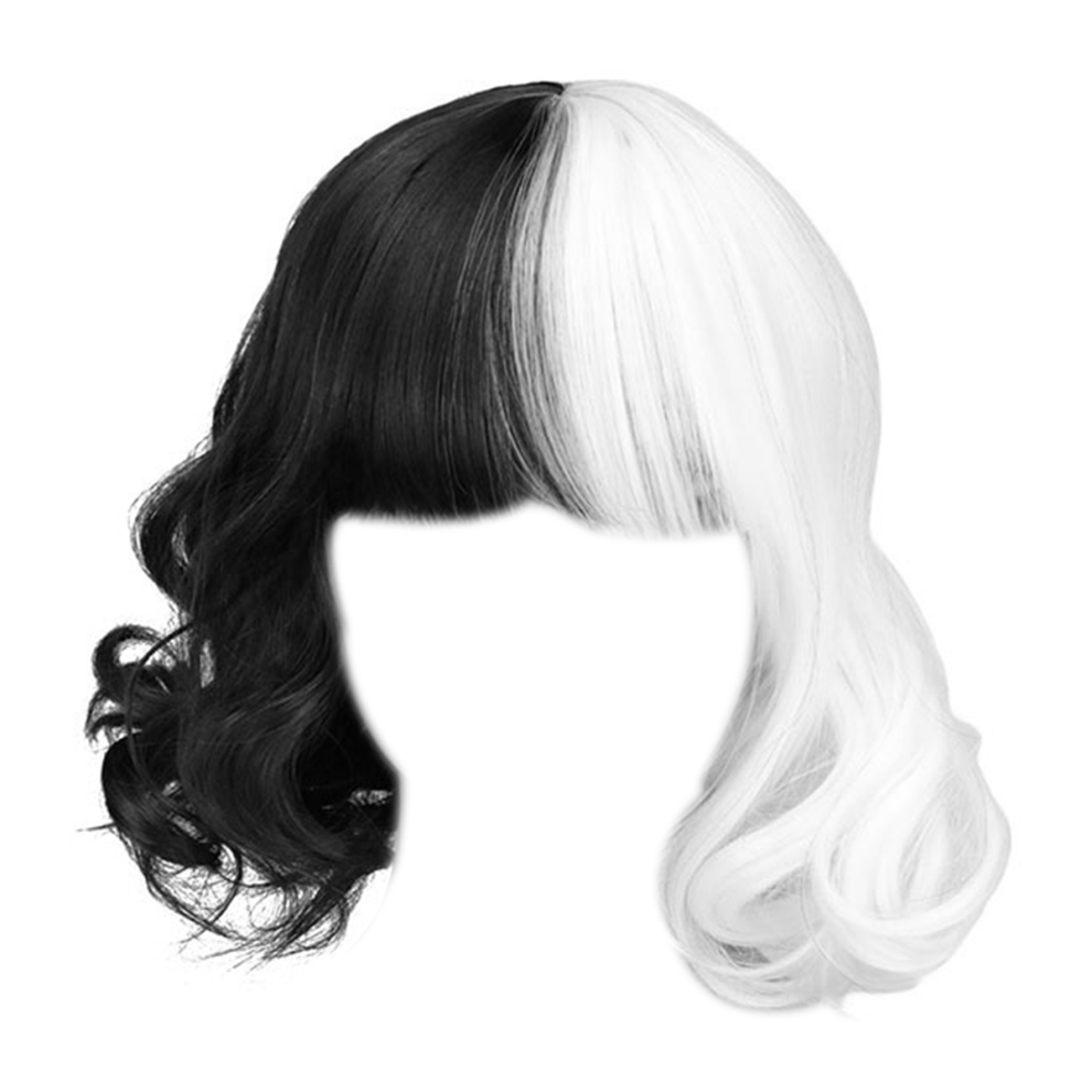Melitt Unisex White Wigs With Bangs Shoulder Length Wavy Wig(Black And )