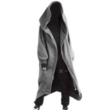 (4XL,Gray)Unisex Long Sleeve Hooded Nazgul Long Coat Zipper Closure Fleece Lined Long Hoodie-yezi