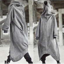 (L,Gray)Unisex Long Sleeve Hooded Nazgul Long Coat Zipper Closure Fleece Lined Long Hoodie-yezi