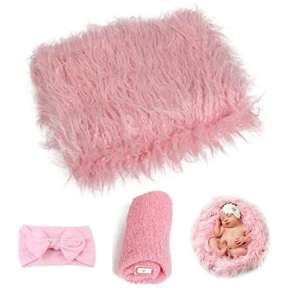 Newborn Photography Props Set 3Pcs Fluffy Blanket Wrap Headband Mat For Comfortable Baby Photography Pink 6038364406507