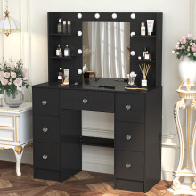 7 Drawers Black Vanity Desk with 10 LED Lighted Mirror Dressing Desk