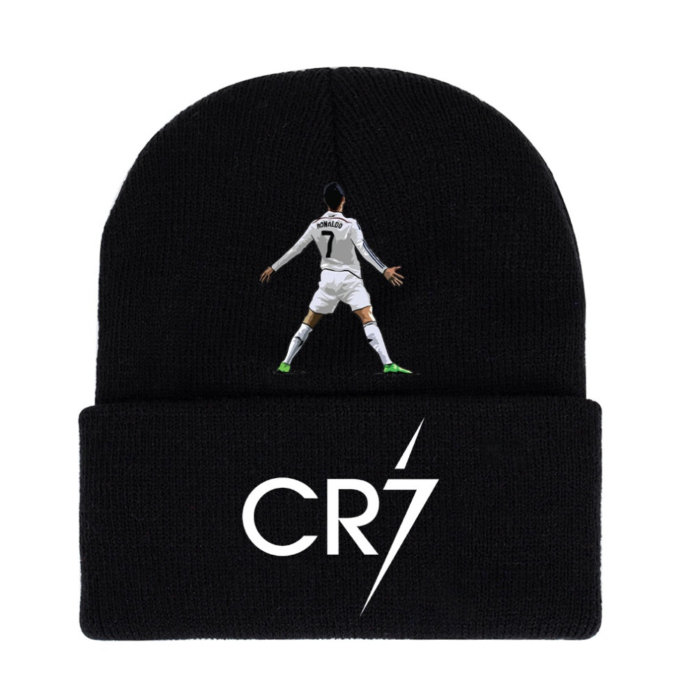 (Styleb) Knitted Cristiano Ronaldo Cap Cr7 Printed Hat Warm Daily Fans Gifts Wear Black