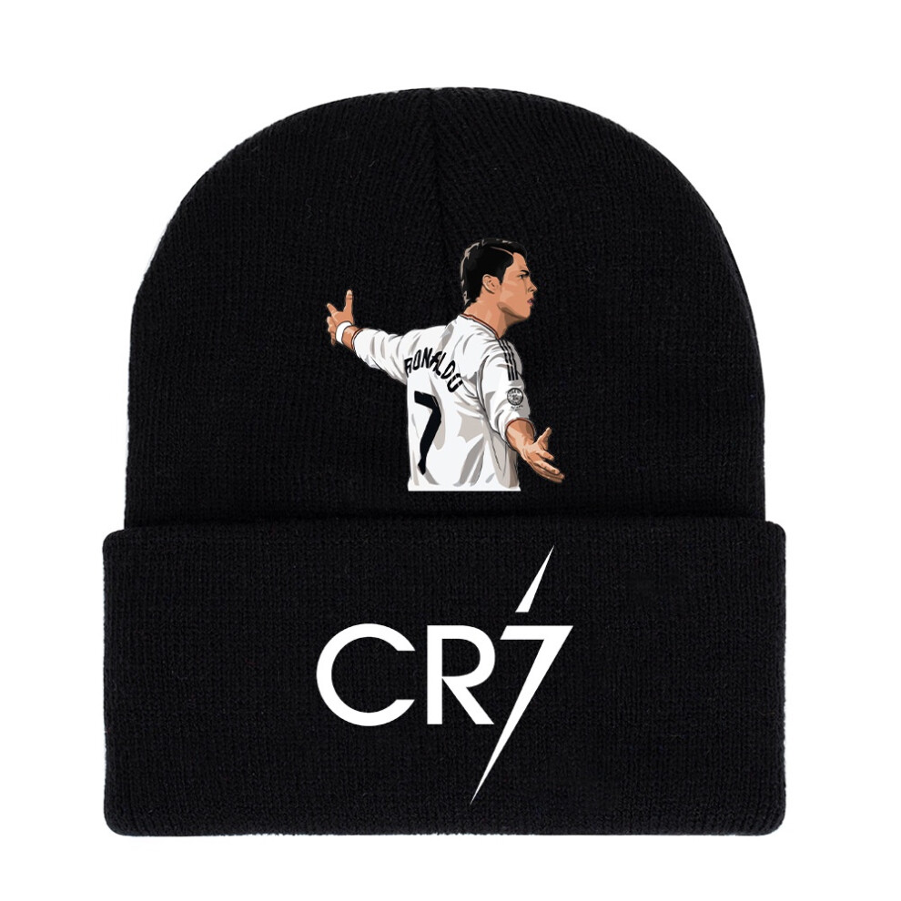 (Stylec) Ronaldo Knitted Cristiano Cap Cr7 Printed Hat Warm Daily Wear Fans Gifts Black