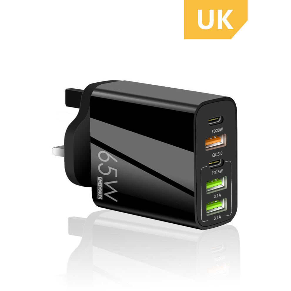 ( Uk) 65W Charging Fast Mobile Phone Charger 5V4a Charging Head Pd 3Usb Eu Port Us Uk Black