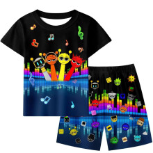 (Dark Blue, 120cm) Sprunki Children Cotton Sleepwear Two Piece Set Cartoon Clothing Print Summer
