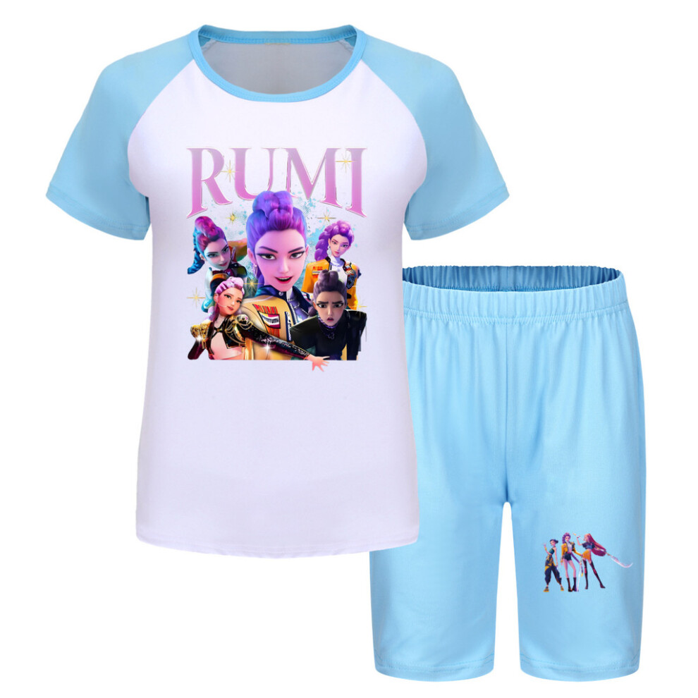 (Light Blue, 130cm) Children Kpop Demon Hunters Short Sleeve Shorts Set Soft Indoor Outdoor Fabric-image-OPC-PJW9DFZ-NEW