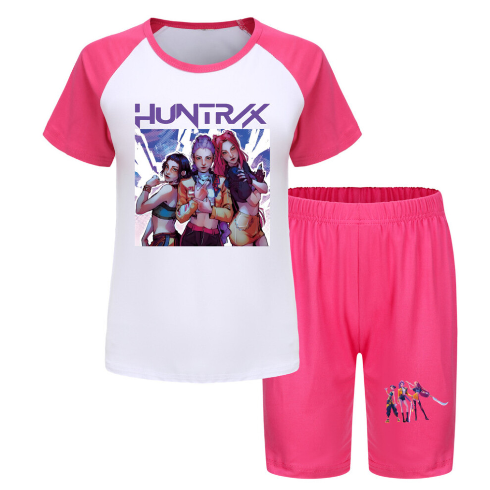 (Rose Red, 110cm) Hunters Kpop Demon Children Casual Cotton Shorts Set With T Girls Boys Shirt-image-OPC-PJW9KQD-NEW