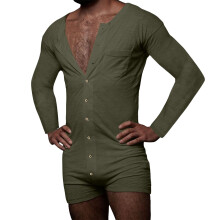 Men's Cotton Striped Bodysuit Underwear Tank Top with Buttons and Boxer Shorts Sleepwear Jumpsuit 3XL Green
