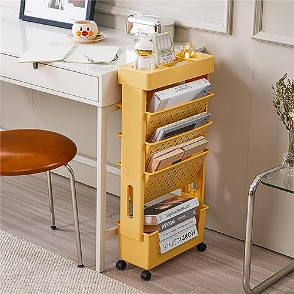 Magazine Rack Mobile Bookcase on Wheels 5-Tier Book Cart Trolley for Dorm Classroom Storage Organizer-image-OPC-PJWBQ7Q-NEW