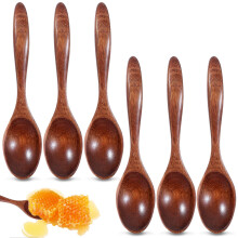 Pack of 6 Wooden Spoons, Handmade Natural Wood Cutlery, Eco-Friendly 14 cm Honey and Soup Spoons, Brown Nanmu Teaspoons