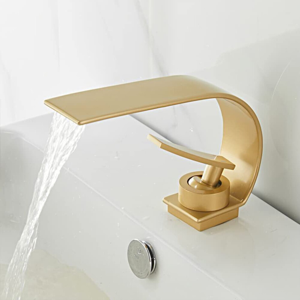Waterfall Tap Brass Single Lever Mixer Bathroom Washbasin Tap Modern Gold Finish With Hot And Cold Water 6447073817458