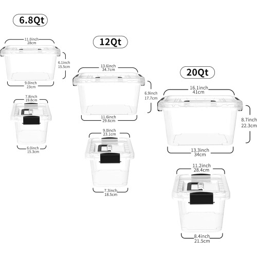 Storage Boxes with Lids and Handle, Clear Plastic Stackable Nesting Containers, 3-Pack 6L 10L 18L for Home Dorm Office 1