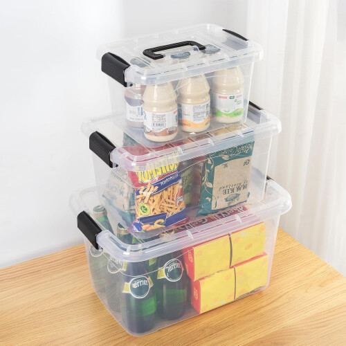 Storage Boxes with Lids and Handle, Stackable Clear Plastic Containers 6L 10L 18L for Home Dorm Office 3-Pack 2