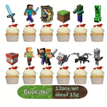 (12pcs Cake Cup) Minecraft-Themed Birthday Party Decorations - No Power Needed, Featherless, Includes Cupcakes, Cake, And Character Figures