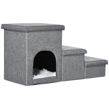 Dog Stairs 3 Steps 40.5 cm High with Cushion Storage Space for Small Dogs and Cats, Washable Cover for Bed, Sofa, Car, Light Grey