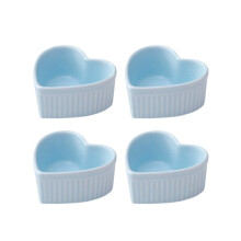 Blue Ceramic Ramekins Set of 4 Heart Shaped Dessert Bowls for Baking Souffle, Creme Brulee, with Silicone Cups and Recipe Booklet