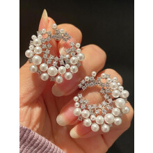 (Silver, one size fits all) Faux Pearl & Rhinestone Decorated C-shaped Earrings, Elegant Jewelry for Women & Girls, Trendy All-match & Exquisite Jewelry for Birthday