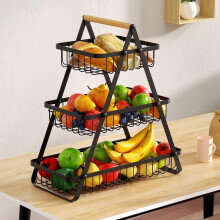 (Signal Black, 2 Tier*1 pc+3 Tier*1 pc) Fruit Food Basket, 1/2 Counts 2/3-layer Fruit Basket Bowl with Wooden Handle, Metal Fruit Vegetable Organizer for Kitchen, Summer for Gift
