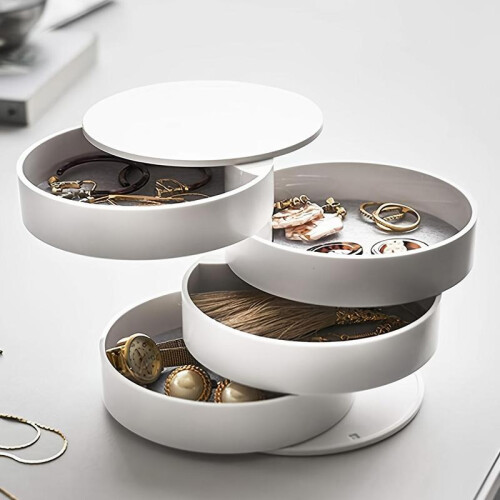 (Dark Gray, one-size) Round Multi-layer Desktop Rotating Jewelry Multilayer Stackable Storage Boxes, Dust-proof Rotatable Accessories Makeup Organizer with Lid 2