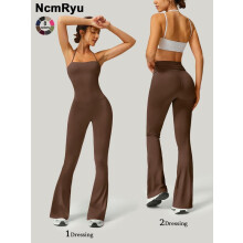(Coffee Brown, Xl) Women's Strapless Suspenders Flared Trousers Fitness Training Tights Sleeveless Yoga Trousers Peach Hip Sports Leggings Sexy Yoga Bodysuit A