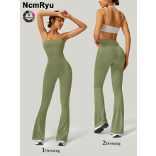 (Green, L) Women's Strapless Suspenders Flared Trousers Fitness Training Tights Sleeveless Yoga Trousers Peach Hip Sports Leggings Sexy Yoga Bodysuit A