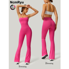 (Hot Pink, L) Women's Strapless Suspenders Flared Trousers Fitness Training Tights Sleeveless Yoga Trousers Peach Hip Sports Leggings Sexy Yoga Bodysuit A