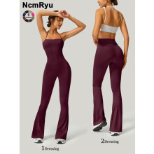 (Red, M) Women's Strapless Suspenders Flared Trousers Fitness Training Tights Sleeveless Yoga Trousers Peach Hip Sports Leggings Sexy Yoga Bodysuit A
