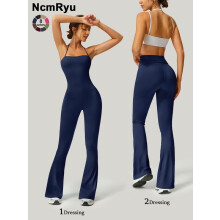 (Navy Blue, Xl) Women's Strapless Suspenders Flared Trousers Fitness Training Tights Sleeveless Yoga Trousers Peach Hip Sports Leggings Sexy Yoga Bodysuit A