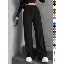 (Black, L) Women's Textured Tie Front Elastic Waist Straight Leg Pants, Casual Comfy Trousers for Daily Wear, Ladies Bottoms for All Seasons,