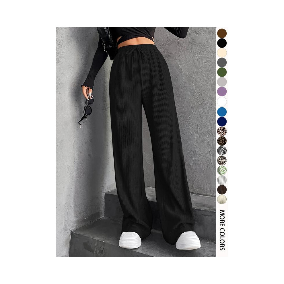(Black, L) Women's Textured Tie Front Elastic Waist Straight Leg Pants, Casual Comfy Trousers for Daily Wear, Ladies Bottoms for All Seasons,