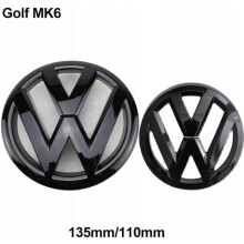 2pcs Badge Logo Emblem Front 135mm + Rear 110mm Gloss Black For Volkswagen VW Golf 6 VI MK6