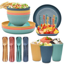 48-teiliges Set aus blau/grün/gelb/orangefarbenem Weizenstrohgeschirr (8,85 Zoll Mahlzeit-OEIN