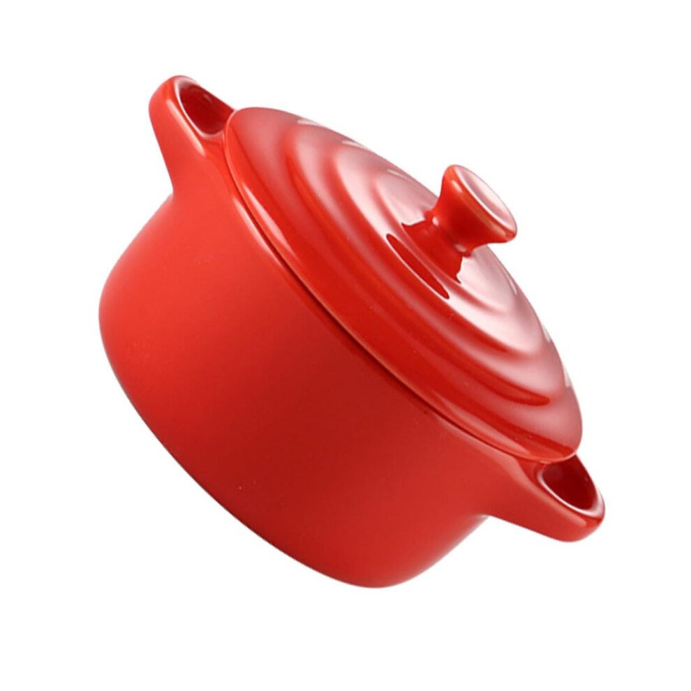 Bowl Container with Lid 230ml Double Handle Ceramic Soup Pot for Microwave Red Ideal for Stews and Soups Serving