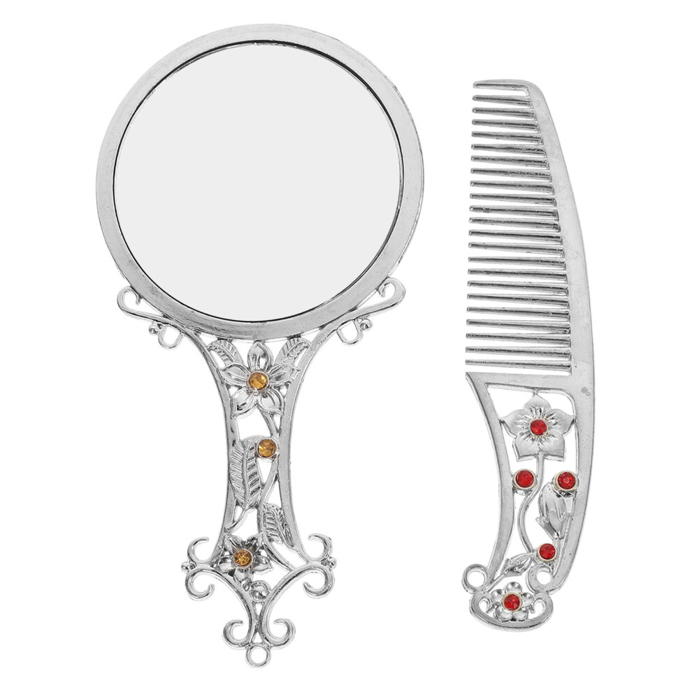 Solustre Silver 1Set Vintage Mini Cosmetic Mirror Alloy For Makeup Portable Use