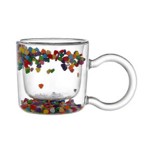 (Style A) Shining Fairy Double Layer Quicksand Water Cup Big Ear Coffee Breakfast Heat Insulation Bubble Sequin Creative Glass