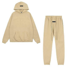 (L, Light beige) ESSENTIALS 3D Silicone Letter Flocking Print Sweater Jacket & Pants Set for Men Women