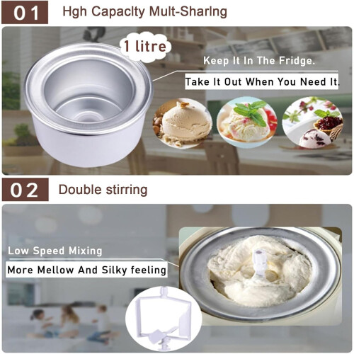 1L Automatic Mini Soft Ice Cream Machine for Home, Portable Ice Cream Maker with Compressor, Easy to Use 1