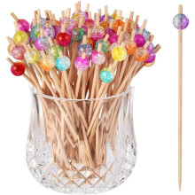 100 Wooden Cocktail Skewers 12 cm with Colorful Acrylic Beads for Barbecued Food, Fruit, Candy, and Antipasti