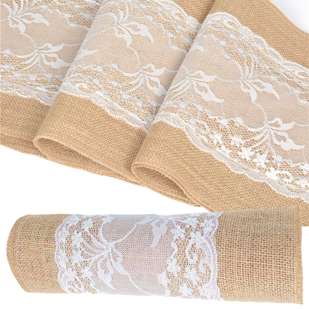 Jute Table Runner with Lace White 30 cm x 10 m Rustic Burlap Table Decoration for Weddings Christmas and Birthdays-image-OPC-PJWS8F5-NEW
