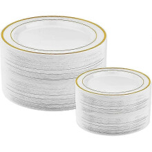Goldfarbene Plastikteller – 25 Essteller und 25 Salatteller. Plastikteller. Einwegteller kompatibel