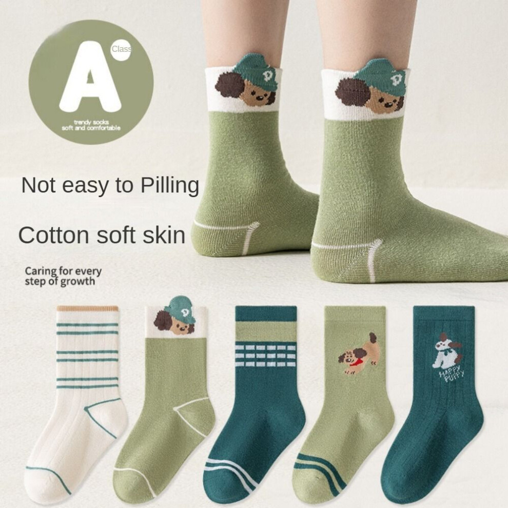 (B) 5 Pairs Of Boys Socks Spring And Autumn Cartoon Green Puppy Boneless Childrens-image-OPC-PJWT2T5-NEW