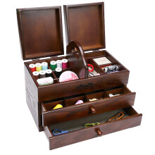 Wooden Sewing Box, Large Empty Sewing Basket with 2 Drawers, Compartmentalized Organizer for Home and Embroidery