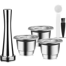 geeignet für Kapseln wiederverwendbar, Edelstahl, 3 Stück nachfüllbare Pads für Nespresso + 1 Tamper