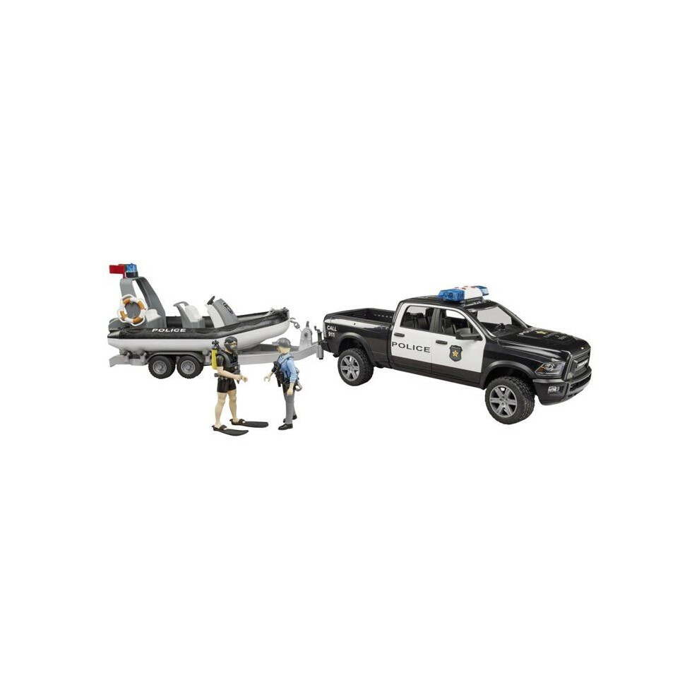 Bruder Ram 2500 Police Pickup With L + S Module Trailer, Boat And 2 Figures